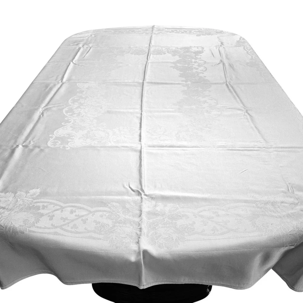 VTG White Damask Floral Rose Scroll Rectangular‎ Tablecloth 76x56 Classic Dining